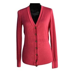 LOFT Cardigan SMALL Red Lightweight Wool Bl Long Sl Preppy Sweater Casual Career